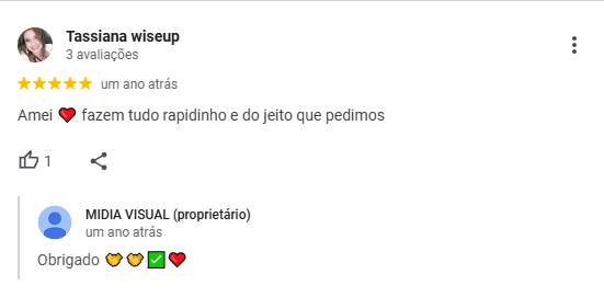 Avaliação de Tassiana wiseup – 5 estrelas no Google